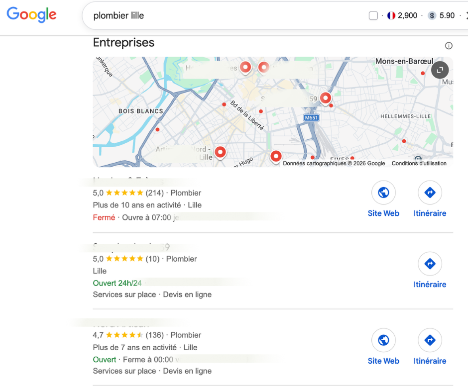 Pack local Google sur une recherche plombier Lille, exemple de référencement local pour artisan