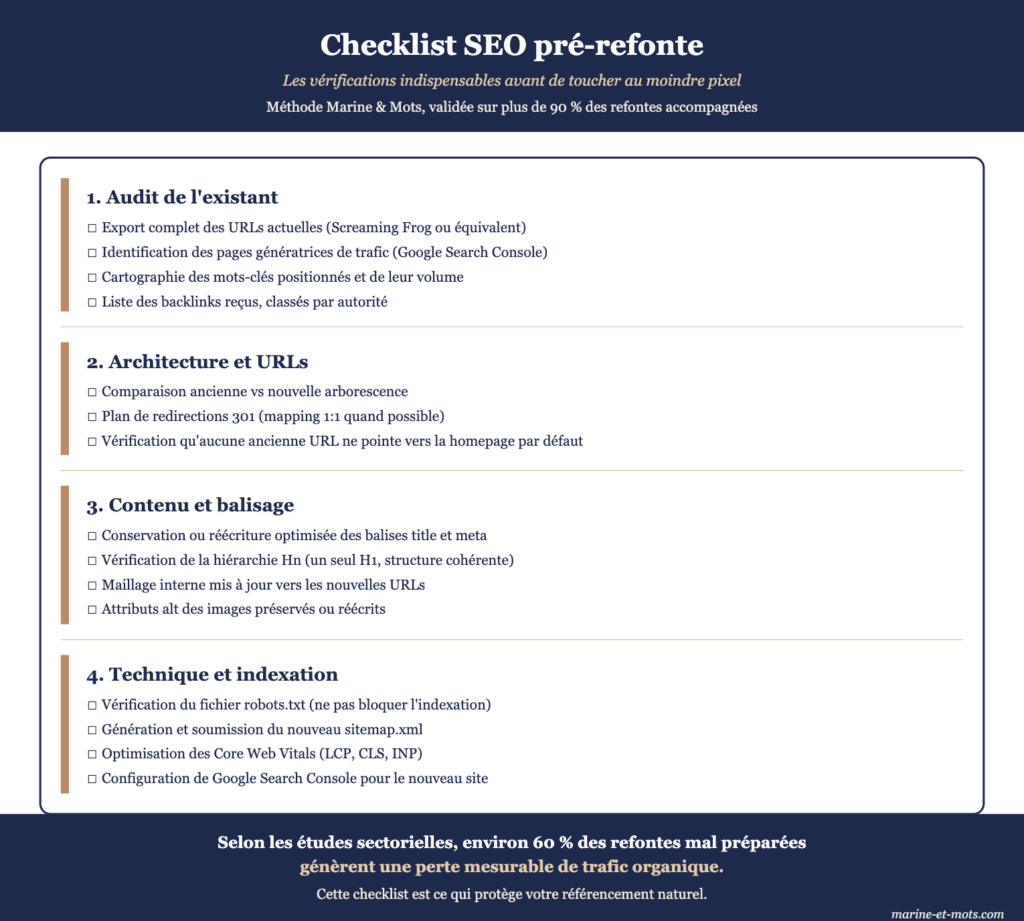 Checklist SEO à réaliser avant une refonte de site internet, organisée en quatre sections : audit de l'existant, architecture et URL, contenu et balisage, technique et indexation. Cette méthode prévient la perte de trafic organique observée dans environ 60 pour cent des refontes mal préparées.