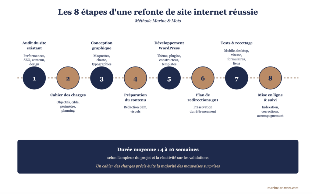 Schéma des 8 étapes d'une refonte de site internet réussie selon la méthode Marine et Mots : audit du site existant, cahier des charges, conception graphique, préparation du contenu, développement WordPress, plan de redirections 301, tests et recettage, mise en ligne et suivi. Durée moyenne d'un projet de refonte de site internet : 4 à 10 semaines.